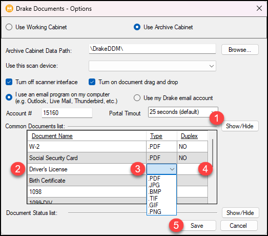 Image showing the Drake Documents Options window.